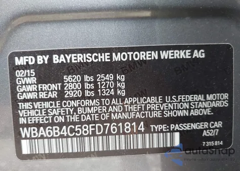 2015 BMW 650I Gran Coupe xDrive из США, поврежденный, VIN WBA6B4C58FD761814